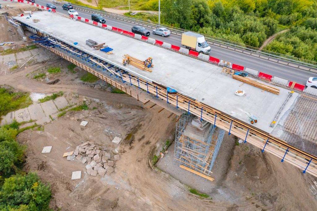 Work To Modernization And Repair Of Highway Damage Of Bridge, Aerial Top View